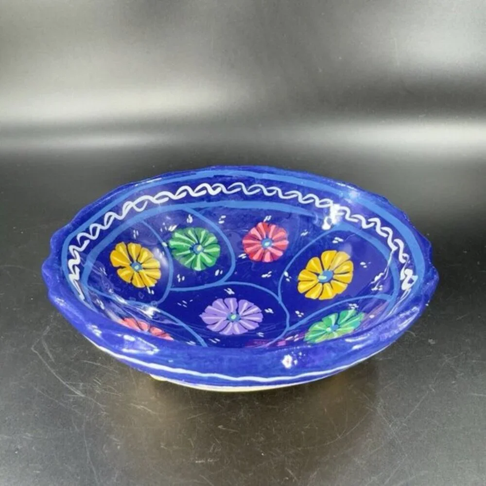 Vintage Hand Made Mexico Folk Art Pottery‎ Footed Bowl Dish Multicolor Blue Dish